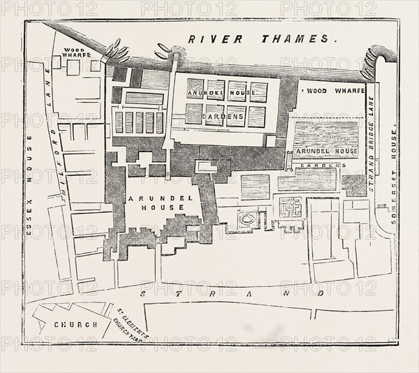 FIRE IN THE STRAND, SITE OF ARUNDEL HOUSE: GROUND-PLOT OF ARUNDEL ROUSE AND GARDENS. (THE DARK LINE ENCLOSES THE PREMISES.), LONDON, UK, 1854