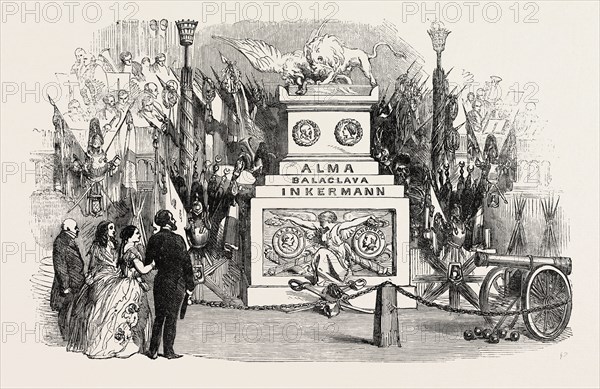 GRAND MILITARY TROPHY, AT THE CONCERTS FOR THE BENEFIT OF THE PATRIOTIC FUND, IN THE TOWN-HALL, BIRMINGHAM, 1854