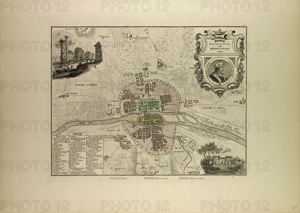 MAP OF PARIS IN 1180, FRANCE