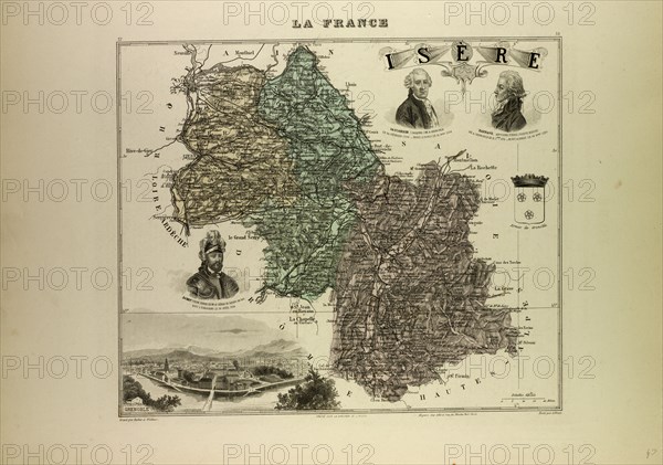 MAP OF ISÈRE, 1896, FRANCE