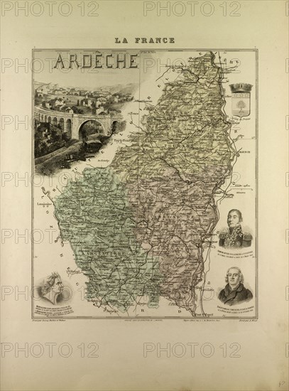 MAP OF ARDÊCHE, 1896, FRANCE