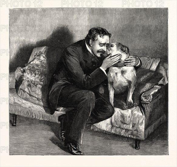 SCENE FROM THE DANCING GIRL AT THE HAYMARKET THEATRE, THE DUKE OF GUISEBURY (MR. BEERBOHM TREE) AND HIS DOG, BULLY-BOY
