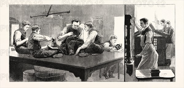 THE ANNIVERSARY OF THE LITTLE BOYS' HOMES AT FARNINGHAM AND SWANLEY, THE HOME AT FARNINGHAM: THE TAILORS' SHOP (LEFT), THE COMPOSING ROOM (RIGHT), UK