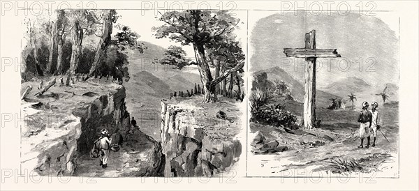 GENERAL WOLSELEY'S EXPEDITION AGAINST THE TSAWBWA OF WUNTHO, UPPER BURMA: Interior of Stockade at the Top of the Nankin Pass, 2,500 feet above the Sea, Captured by Major Smythe's Column (LEFT), The Tsawbwa's Preparations for Prisoners (RIGHT)
