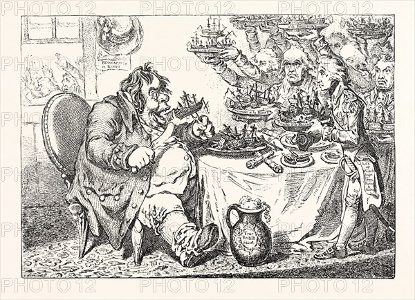 JOHN BULL, TAKING A LUNCHEON, OR BRITISH COOKS CRAMMING OLD GRUMBLE GIZZARD WITH BONNE-CHÃƒË†RE