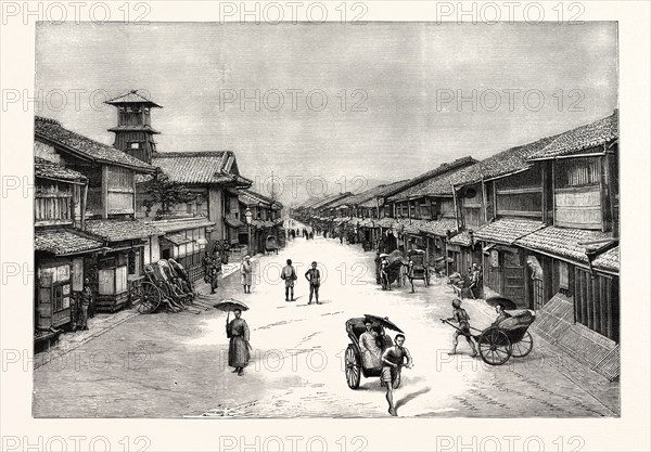 THE ATTACK UPON THE CZAREVITCH OF RUSSIA BY A JAPANESE POLICEMAN: THE MAIN STREET OF KYOTO WHERE HIS IMPERIAL HIGHNESS WAS STAYING, JAPAN