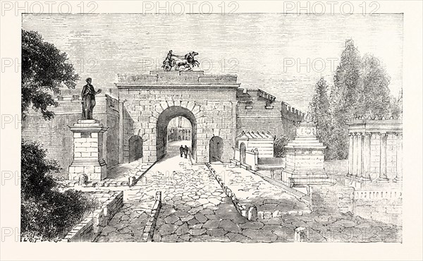 THE GATE OF HERCULANEUM, AND STREET OF TOMES, POMPEII.