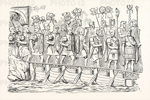 ROMAN SOLDIERS PASSING OVER A BRIDGE OF BOATS. (From the Antonine Column.)