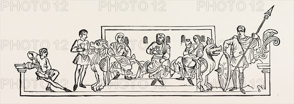 APRIL was "Oster-monath," because the wind generally blew from the east during this month. The woodcut appears to represent three thegns celebrating a feast by quaffing ale from their drinking-horns. On the right is an armed guard with a long spear, and on the left are two servitors. The bench on which the three worthy thegns are seated is adorned with two sculptures of formidable-looking animals.