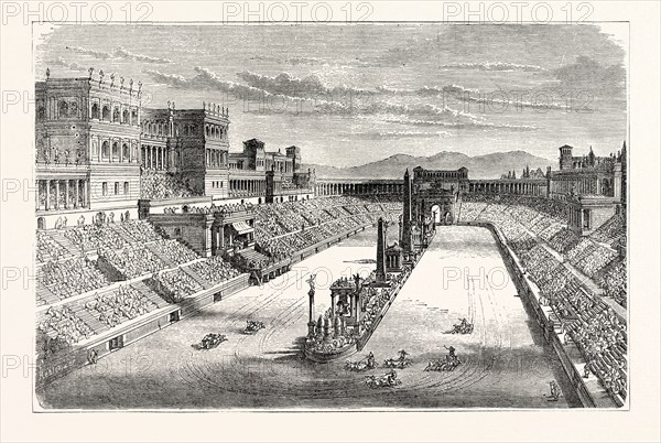 ANCIENT ARENA RESTORED, SHOWING A CHARIOT RACE