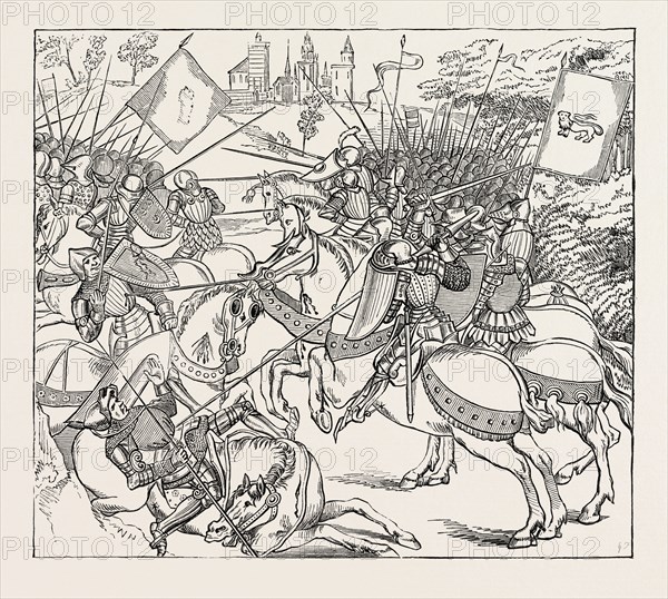 THE BATTLE OF CREÃáY FROM AN ILLUMINATED COPY OF FROISSART'S CHRONICLES.