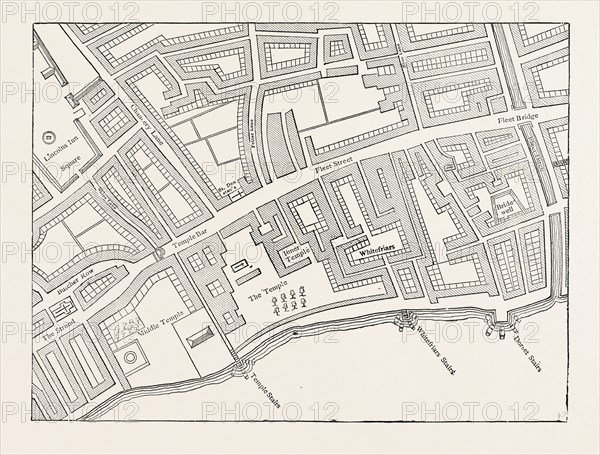 FLEET STREET, THE TEMPLE, LONDON, FROM A MAP OF LONDON, PUBLISHED 1720.