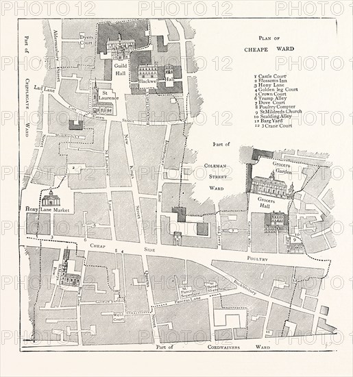 OLD MAP OF THE WARD OF CHEAP, ABOUT 1750, LONDON