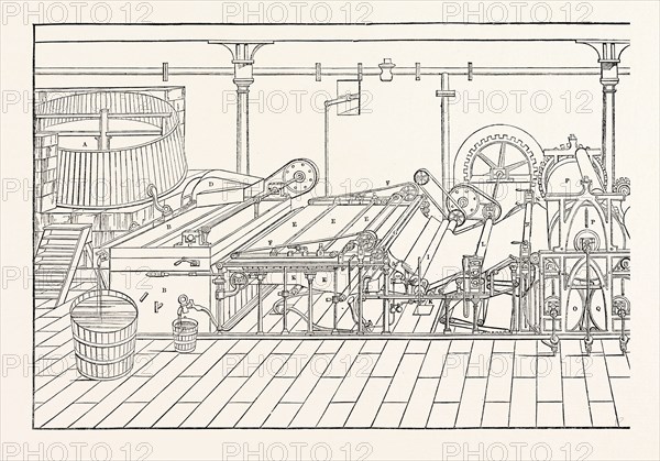MACHINE: A. Chest; B. Vat, 4 feet by 5; C. Sifter; D. Lifter; E. Endless wire, 5 feet wide; F. Deckel straps; G. Dandy, a wire cylinder; H. Lower roller of endless wire; I. Roller; L. First pair of pressing rollers; M. Second pair of pressing rollers; N. Roller receiving the sheet previous to its coming upon O; O. First hot cylinder. P. Second hot cylinder; Q. Third hot cylinder