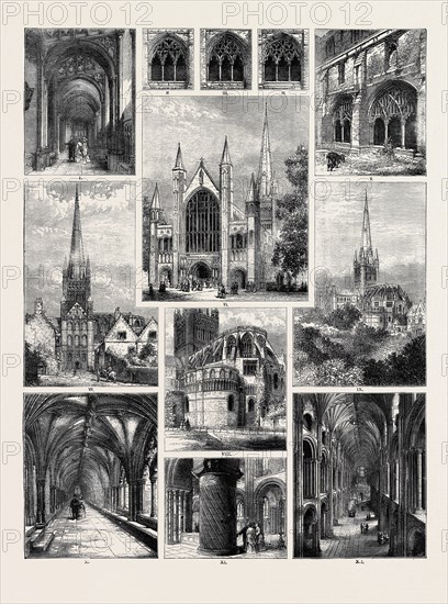 NORWICH CATHEDRAL: I. INTERIOR OF NORTH AISLE; II., III., IV. CLOISTER WINDOWS; V. CLOISTERS (EXTERIOR); VI. WEST END; VII. VIEW TOWARDS SOUTH TRANSEPT; VIII. NEAR VIEW FROM SOUTH-EAST; IX. DISTANT VIEW FROM SOUTH-EAST; X. INTERIOR OF CLOISTERS; XI. THE TWISTED PILLAR; XII. INTERIOR OF NAVE