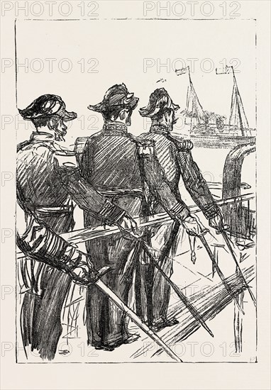 THE VISIT OF THE FRENCH FLEET: FRENCH OFFICERS SALUTING H.M. THE QUEEN