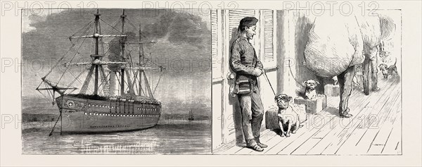 THE INDIAN RELIEF TROOPING SEASON, PASSING THROUGH THE SUEZ CANAL: TIED UP AT A "GARE" OR STATION (LEFT); IN THE WAIST, THE DOGS' QUARTER (RIGHT)