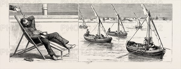 THE INDIAN RELIEF TROOPING SEASON, PASSING THROUGH THE SUEZ CANAL: THE PRACTICAL JOKER IMITATES A FLY (LEFT); FRUIT BOATS AT SUEZ, ORANGES, LEMONS, TURKISH DELIGHT (RIGHT)