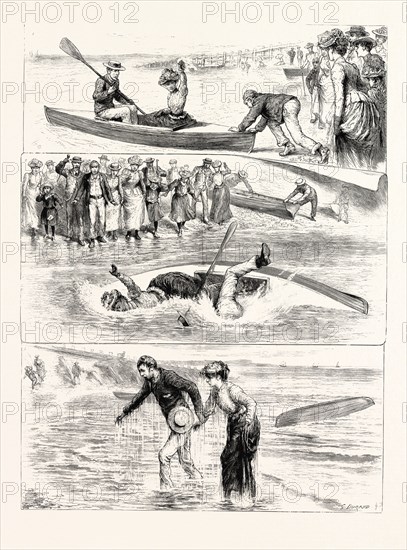 A CANOEING INCIDENT AT THE SEASIDE: 1. "Now then, give us a good push. One, two, three"; 2. And away"; 3. And back again