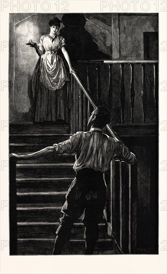 TESS OF THE D'URBERVILLES: "Clare came down from the landing above in his skirt-sleeves, and put his arm across the stairway"