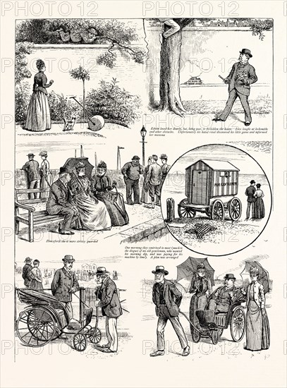 THE STORY OF A SEASIDE ELOPEMENT: Edwin loved her dearly, but, being poor, is forbidden the house. Love laughs at locksmiths and other obstacles. Unfortunately his hated rival discovered his little game and informed her mamma. Henceforth she is more strictly guarded. One morning they contrived to meet (much to the disgust of an old gentleman, who wanted his morning dip, and was paying for his machine by time). A plan was arranged. Edwin bribed a chairman to lend him his chair and also his clothes. But didn't feel particularly happy when his fat rival turned up as his first fare