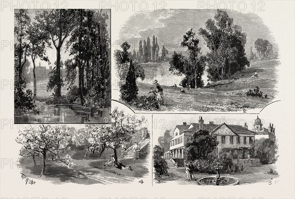 SKETCHES IN WATERLOW PARK, WHICH HAS BEEN PRESENTED TO THE PUBLIC BY SIR SYDNEY WATERLOW: 1. The Upper Pond; 2. The Lower Pond; 3. Lauderdale House, with the top of Cromwell House showing beyond; 4. Under the Blossom, Steps leading to the old Kitchen Garden