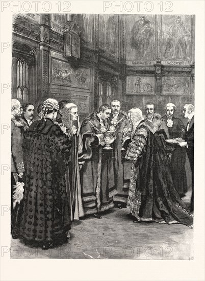 THE LORD CHANCELLOR EXPRESSING HER MAJESTY'S APPROVAL OF THE ELECTION OF MR. ALDERMAN EVANS AS LORD MAYOR PRESENTING THE LOVING CUP IN THE PRINCES' CHAMBER OF THE HOUSE OF LORDS