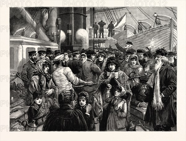 THE EMIGRATION OF THE RUSSIAN JEWS, THE DOCTOR EXAMINING STEERAGE PASSENGERS BEFORE THEIR DEPARTURE FROM LIVERPOOL; A SCENE ON BOARD THE GUION LINER "WISCONSIN," IN THE MERSEY
