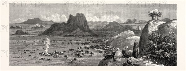 LORD RANDOLPH CHURCHILL IN SOUTH AFRICA; A SKETCH OF THE COUNTRY FROM MATIPI'S KRAAL: "On Sunday, the 2nd August, we traversed for fourteen miles a magnificent country, hilly, well watered, the bush veldt being more open and park-like than before, dotted with many and various fine trees, covered thickly with sweet grass, good for oxen, with a soil capable of growing every species of agricultural produce. This good country extends from the Lundi to within a few miles of Fort Victoria, a distance of about sixty miles, and is incomparably the best part of Mashonaland which I have yet seen or heard of."