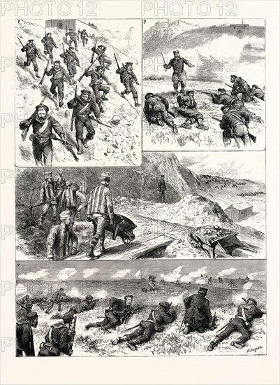 THE CHANNEL SQUADRON AT PORTLAND: A SHAM FIGHT: 1. Ten minutes to go up, ten seconds to come down!; 2. "Keep down! Keep covered, men! And don't make yourselves so confoundedly conspicuous"; 3. A spectator: "Ugh! hot tearing work that, and I reckons their hofficers give their orders roughly too, ugh!"; 4. Surrounded by a girdle of fire. "It seemed as if millions of bottles of ginger beer was bustin' promiscuous," said our lady caterer.