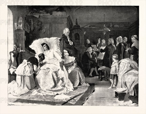 MOZART LISTENING TO HIS FRIENDS, WHO, SUMMONED BY HIS WIFE, ARE SINGING THE BEAUTIFUL HYMN "THE  REQUIEM," THE LAST WORK WHICH THE COMPOSER WROTE, AND WHICH HE NEVER HEARD TILL THE HOUR OF HIS DEATH