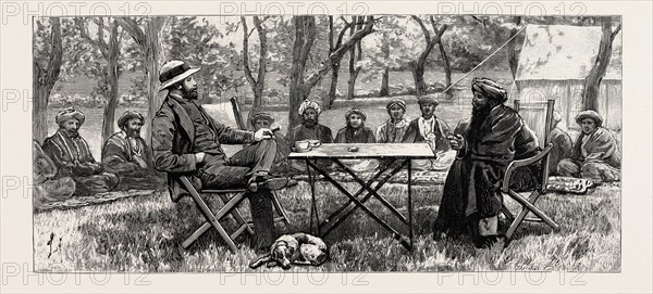 THE FIGHTING NEAR GILGIT ON THE NORTH-WESTERN FRONTIER OF INDIA: COLONEL DURAND AND THE RAJAH AKBAR KHAN, HOLDING A CONSULTATION IN THE ORCHARD AT GAKUCH, MAY 7, 1891
