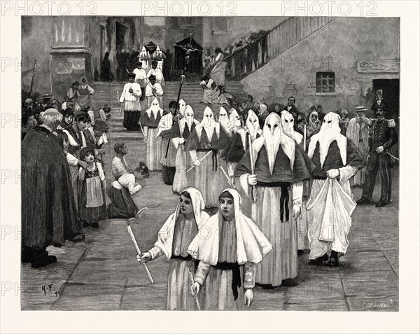 A FUNERAL IN THE ISLAND OF CAPRI, SOUTHERN ITALY: Most of the people belong to the Society of the "Misericordia" or "I Fratelli," by whom funerals are invariably conducted