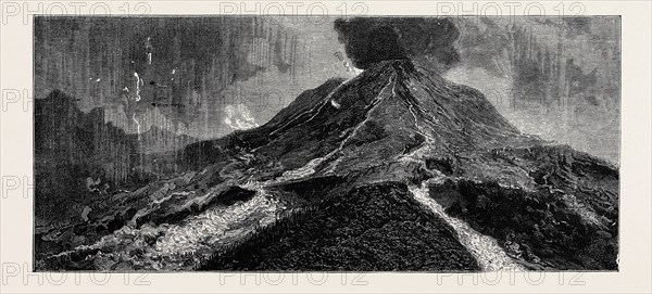 THE ERUPTION OF MOUNT VESUVIUS: SKETCH FROM THE TOP OF THE OBSERVATORY, SHOWING CRATER AND THE TWO COURSES TAKEN BY THE LAVA