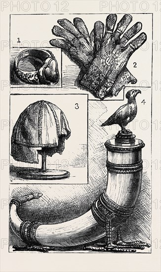 OXFORD: ANCIENT RELICS: 1. and 2. Ring and Gloves of William of Wykeham, at New College; 3. Skull Cap of Archbishop Laud, at St. John's College; 4. Horn, at Queens College