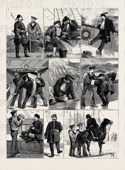 THE CRISIS IN EGYPT: THE TURKISH "CAVASS" ON A SEA VOYAGE: 1. He Begins with Misgivings; 2. "Again! Allah! They are Mad!"; 3. The Cigarette Fails to Console: Becomes even an Object of Horror; 4. In such a Struggle Human Valour Availeth Not; 5. "Kismeth."; 6. He is borne to a Hammock; but, the Putting In!; 7. Calm Weather: Puts on a No. 1 Jacket, and, Showing an Appreciation of Rum, Becomes Rather Popular; 8. Once Again on Land, His Moustaches are More Fiercely Curled, and He Swaggers More Than Ever; 9. In His Element, "Good bye, Johnny."