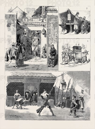 ROUND THE WORLD YACHTING IN THE "CEYLON," XVIII., CANTON: 1. The Town Gate; 2. A Street Dentist; 3. A Palanquin; 4. Tartar Athletes