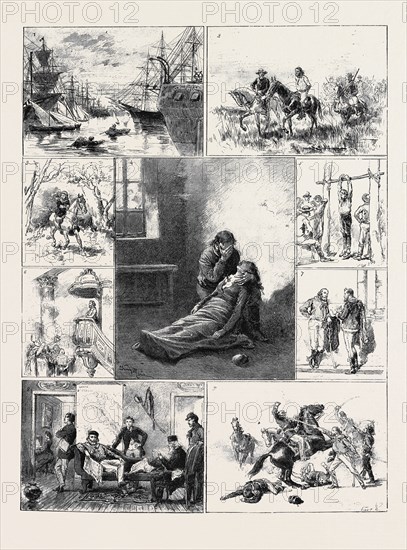 GIUSEPPE GARIBALDI: 1. Garibaldi Saves the Life of a Young Man in the Harbour at Marseilles during his Exile there after the "Affair of St. Julien," 1835; 2. Garibaldi taken Prisoner by Leonardo Millan at Gualeguay, 1837; 3. Anita Flying from the Brazilians with her Child Menotti, Sept. 28, 1840; 4. Death of Anita in a Cottage near Ravenna, 1849; 5. Garibaldi Undergoing the Torture of the Cord at Gualeguay by Order of Leonardo Millan, 1837; 6. Garibaldi at the Cathedral of Palermo: Thanksgiving Service for the Capture of Palermo from the Neapolitans, 1860; 7. Garibaldi and Kossuth; 8. Garibaldi and his Family; 9. Garibaldi and Missori Attacked by Four Dragoons During the Battle of Milazzo, 1860