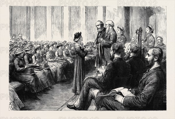 SIR P. CUNLIFFE OWEN DISTRIBUTING PRIZES TO THE STUDENTS OF THE BLOOMSBURY FEMALE SCHOOL OF ART AT THE FREEMASONS' TAVERN