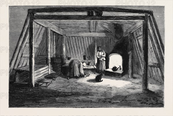 THE SURVIVORS OF THE "JEANNETTE" IN SIBERIA: INTERIOR OF A SIBERIAN CONVICT HUT