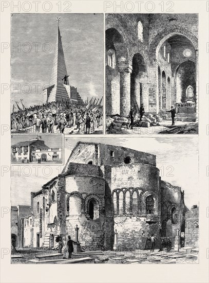 THE SIXTH CENTENARY OF THE SICILIAN VESPERS AT PALERMO: 1. Monument Erected on Mount Gibilrossa, to Commemorate the Taking of Palermo by Garibaldi in 1860, Inaugurated April 4, 1882; 2. Church of the Holy Spirit: Interior; 3. House of the Marquis Ugo Delle Favare, where Garibaldi Stayed During His Residence at Palermo; 4. Church of the Holy Spirit (Exterior)