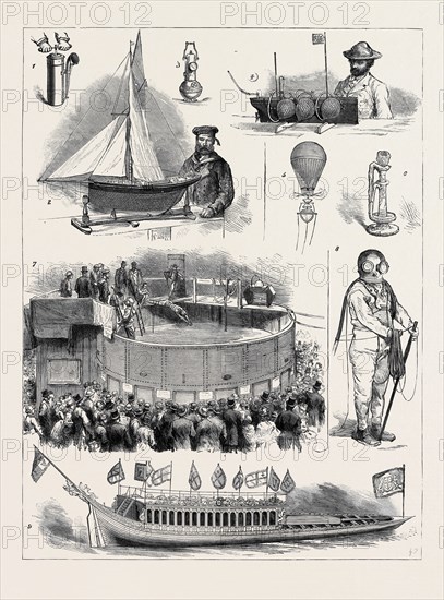 THE NAVAL AND SUBMARINE ENGINEERING EXHIBITION AT ISLINGTON: 1. Sounding the Fog-Horn; 2. Model of the Yacht Formosa formerly Owned by the Prince of Wales; 3. Foster and Fleuss's Submarine and Mining Lamp; 4. A Sable Exhibitor: Contrivance to Prevent the Sinking of Damaged Ships; 5. Electric Signal Balloon; 6. A Relic of the Past: Greek Bronze Lamp with Sponge Growing Upon It, Found by Divers in the Greek Archipelago; 7. The Diving Tank; 8. "Too Too Utter:" A Diver's Costume; 9. Lord Mayor's State Barge, Built 1807