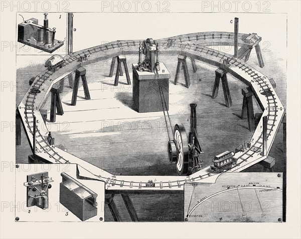 PROFESSORS AYRTON AND PERRY'S NEW ELECTRIC RAILWAY: A. Gas Engine Supplying Motive Power; B. Magneto Electric Machine; C, D, E, F, Electric Current Indicators; a, b, c, d, Contact Makers at the Ends of each Section; e, f, g, h, Blocking Electro Magnets attached to each Section; 1. Blocking Electro-Magnet (Enlarged); 2. Contact Maker, as in Model; 3. Contact Maker as Required for Actual Use; 4. Map Indicator, Automatically Showing the Position of Trains on the Line