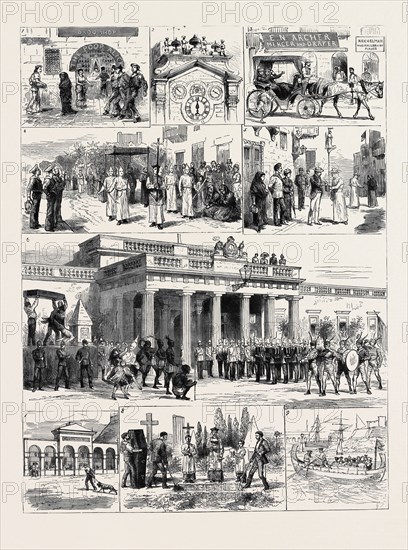 SKETCHES OF LIFE AT MALTA: 1. A Maltese Grog-Shop, The Siren and Her Prey; 2. The Grand Master's Clock at the Governor's Palace; 3. How Jack Spends His Money Ashore; 4. A Religious Procession on a Saint's Day; 5. Collecting Alms for Masses for the Repose of the Soul of a Condemned Criminal; 6. Carnival Time: Mummers Going Through the Ceremony of a Burial Without Coffin; 7. The Home for Lost Dogs; 8. Burrying Without a Coffin; 9. Dghasia, or Native Ferry Boat