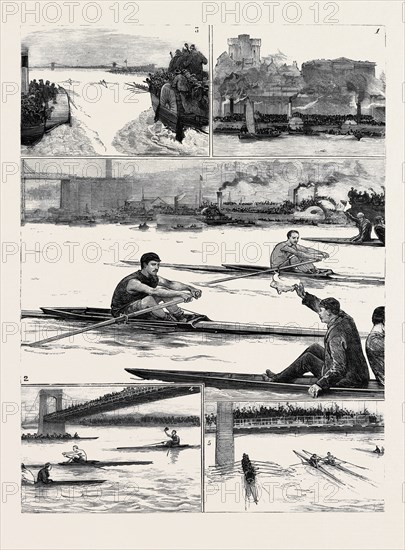 THE SCULLING MATCH ON THE TYNE BETWEEN HANLAN AND BOYD FOR THE CHAMPIONSHIP OF THE WORLD: 1. Before the Start; 2. "Neck and Neck:" A Minute After the Start; 3. In Sight of the Chain Bridge; 4. The End of the Race; 5. After the Finish: Shaking Hands