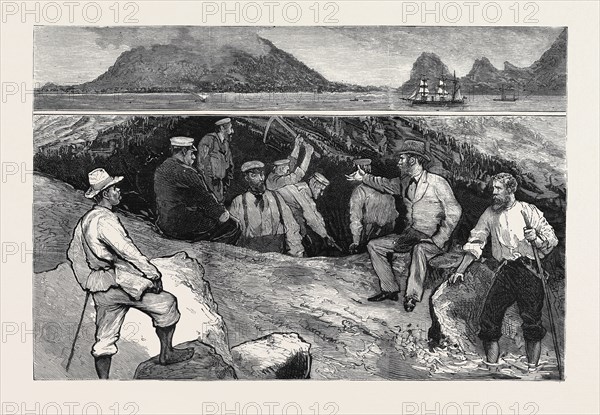 TREASURE SEEKING IN THE HAUNTS OF THE OLD BUCCANEERS, WEST INDIES: 1. H.M.S. Phoenix and Lord Warden off the Island of St. Catalina, the Exploring Party Going Ashore; 2. Digging in the Cave where "Currey " states the Treasure is Concealed