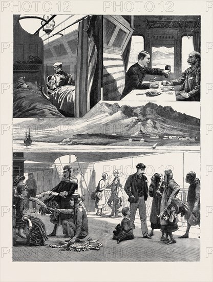 A JOURNEY BY THE OVERLAND ROUTE: 1. A Christmas Dinner in the "Wagon Lit"; 2. Tucked Up for the Night; 3. Aden; 4. Jew Feather Sellers on Board the S.S. Peshawur at Aden