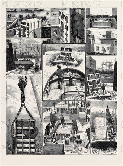 THE REMOVAL OF JUMBO, THE BARGE VOYAGE TO MILLWALL: 9. In the Barge: View off the Dock; 10. The Morning Tankard; 11. Just Before the Start to Pick Up Tug: Our Artist Getting on Board the Barge; 12. At the Dock Gates; 13. A Capital Place to See From; 14. The Tug; 15. Exit from St. Katherine's Dock; 16. The Last of Jumbo Seen from the Gate of St. Katherine's Dock; 47. "On the Water:" A Sketch from the Tug; 18. Under "The Shears:" Unshipping from the Barge at Millwall Dock; 19. Jumbo's Cabin: A Sketch from the For'ard Bridge of the Assyrian Monarch.