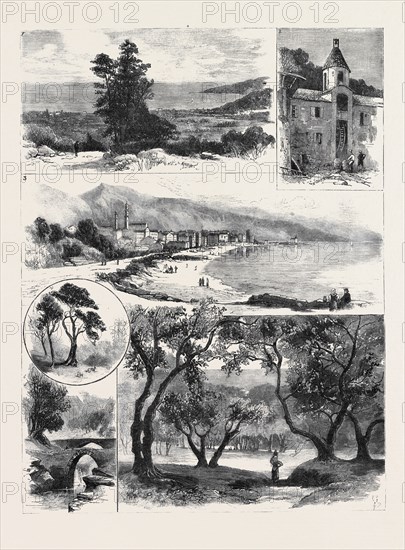 HER MAJESTY'S VISIT TO MENTONE: 1. A Mule Path Near Mentone; 2. An Olive Mill, Mlntone; 3. Mentone, from the Promenade; 4. Stone Pines; 5. An Olive Grove; 6. Bridge and Aqueduct Near Mentone