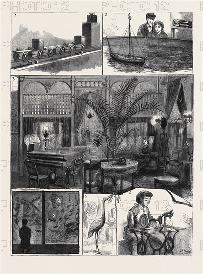 AT THE CRYSTAL PALACE ELECTRICAL EXHIBITION: 1. Improved Communication between Passengers and Guard, and between Moving Train and Signal Boxes; 2. Means of Communication between Light-ships and the Shore; 3. Domestic Lighting Exhibition (the Drawing-room); 4. The Aquarium with Immersed Light; 5. In the Domestic Lighting Exhibition: A Japanese Bronze; 6. The Sewing Machine Motor